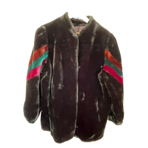 VTG 80s Black Borg Faux Fur Coat Striped Sleeves Disco Mob Wife Glam Women L